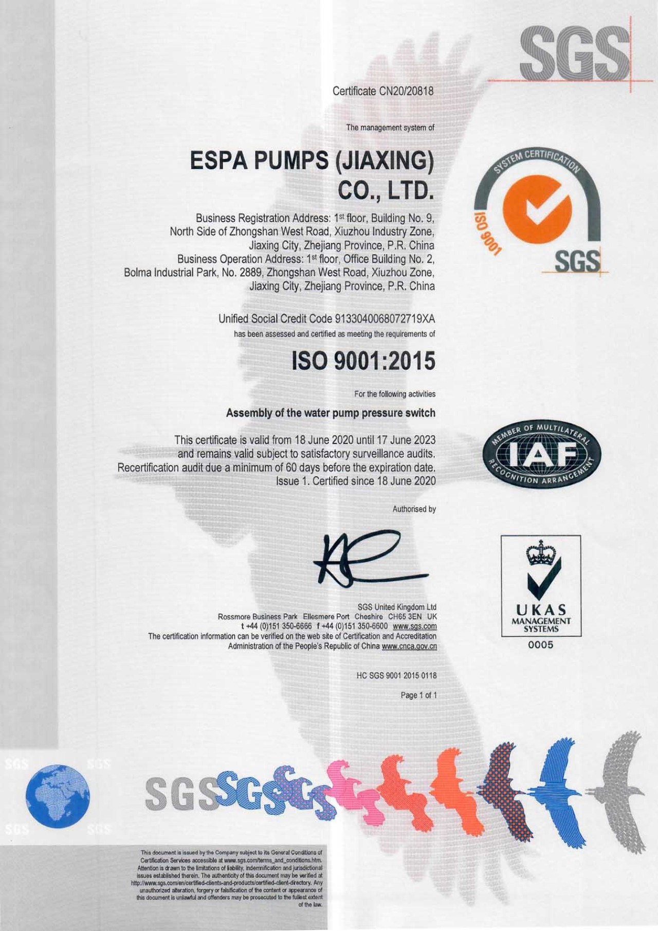 Certificado ISO 9001 ESPA Jiaxing